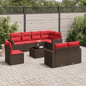 vidaXL 9 pcs conjunto sofás p/ jardim c/ almofadões vime PE castanho