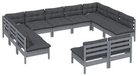 11pcs conjunto lounge de jardim + almofadões pinho maciço cinza