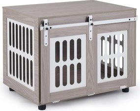 Gaiola para cães com mesa auxiliar interior e porta de correr 80 x 56 x 62,5 cm, para animais de médio e grande porte, com capacidade para 30 kg Cinze