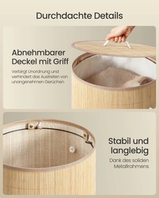 Cesto da roupa suja com tampa 90 L em bambu redondo, cor natural