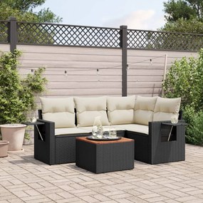 5 pcs conjunto sofás de jardim com almofadões vime PE preto