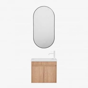 Conjunto De Móvel De Casa De Banho Suspenso Em Madeira Com Lavatório Integrado Narek Castanho Fresno & Ovale Led E Antifog Preto 50x100 Cm - Sklum