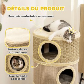 Barril para gatos arranharem - Árvore para gatos em sisal natural e algas marinhas, revestida a pelúcia - 45 x 45 x 79 cm - Cáqui e café