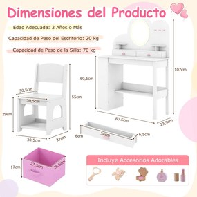 Toucador infantil com luzes e cadeira de princesa com 2 gavetas e Estante de 2 níveis, 3 ganchos e 2 prateleiras abertas Branco