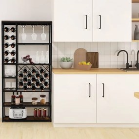 Garrafeira industrial para 27 garrafas  81 x 23 x 166 cm com diferentes compartimentos para vinho 3 filas de porta-copos Castanho Rústico + Preto