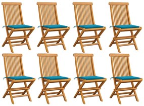 vidaXL Cadeiras de jardim c/ almofadões azuis 8 pcs teca maciça