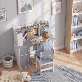 Secretária Infantil com Cadeira Suporte Ajustável para Comprimido Porta-lápis Quadro de Cortiça Estantes e Armários Cinza