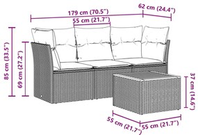 4 pcs conjunto sofás de jardim c/ almofadões vime PE cinzento