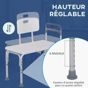 Banco de duche com encosto ergonómico, altura ajustável, pés antiderrapantes, assento amplo, carga máxima de 136 kg, 74 x 53 x 80-92 cm, branco