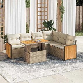 7 pcs conjunto sofás jardim com almofadões vime PE/acácia bege