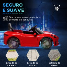 Carro Elétrico para Crianças Maserati Gran Turismo Folgore 12V Controlo Remoto Faróis Buzina e Música MP3 98x59x43 cm Vermelho