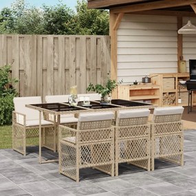 vidaXL 7 pcs conjunto de jantar p/ jardim com almofadões vime PE bege
