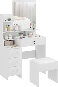 HOMCOM Toucador de Maquilhagem com Banco Espelho 4 Gavetas 4 Compartimentos de Armazenamento Estilo Moderno 80x38x143cm Branco | Aosom Portugal