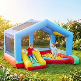 Castelo Insuflável para Crianças com Escorrega Cama Elástica Piscina de Bolinhas Jogo de Aros Toldo e Bolsa de Transporte 290x230x200 cm Multicor