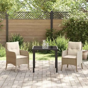 Conjunto de Jantar de Jardim de 3 Peças com Almofadas Bege Rattan PE