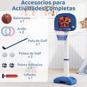 Cesto de basquetebol 4 em 1 para crianças ajustável com conjunto de aros bola adesiva branca e azul