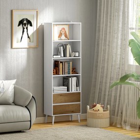 Estante para Livros de 6 Níveis com 2 Gavetas e 4 Prateleiras Abertas para Sala de Estar Escritório  60x30x179 cm Branco