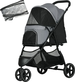 PawHut Carrinho para cães Carrinho para animais, dobrável, capa de chuva, 2 trelas de segurança, 83cm x 55cm x 101cm, Cinza + Preto | Aosom Portugal