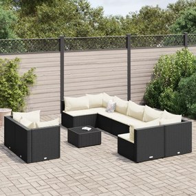 vidaXL 10 pcs conjunto sofás de jardim c/ almofadões vime PE preto