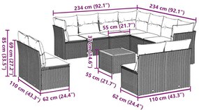 12 pcs conjunto sofás p/ jardim c/ almofadões vime PE cinzento