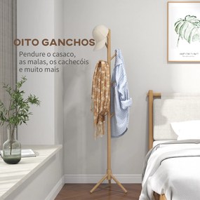 Cabide de Pé de Madeira com 8 Ganchos para Pendurar Roupa e Bolsas Forma de Árvore para Corredor Entrada 40x40x165 cm Natural