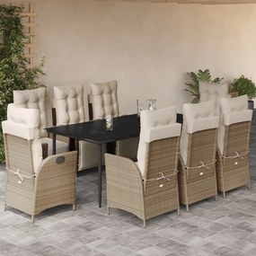 9 pcs conjunto de jantar p/ jardim com almofadões vime PE bege