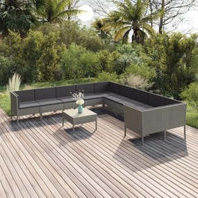 11 pcs conjunto lounge de jardim c/ almofadões vime PE cinzento