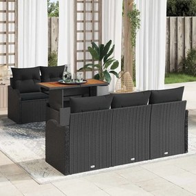 Conjunto de Sofás de Jardim vidaXL 6 Peças com Almofadas Preto Rattan Poli Acácia