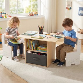 Conjunto de mesa e 2 cadeiras infantis; mesa de atividades com gavetas; tecido; dobrável; compartimentos de arrumação; para crianças a partir dos 3 an