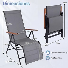 Conjunto de 2 Espreguiçadeiras Dobráveis (MESA NÃO INCLUIDA), 57 x 72-138 x 91-110 cm, Encosto Ajustável em 5 Posições, Cinzento