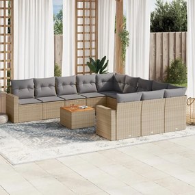 12 pcs conj. sofás jardim c/ almofadões vime PE bege misturado
