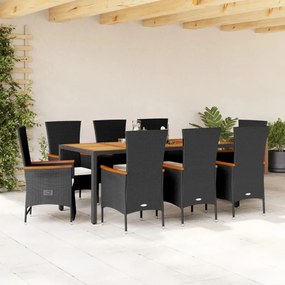 vidaXL 9 pcs conjunto de jantar p/ jardim c/ almofadões vime PE preto