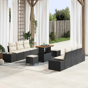 Conjunto de Sofá de Jardim 9 Peças com Almofadas Preto Polirattan Acácia