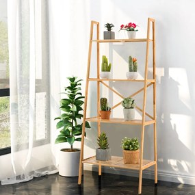 Estante de bambu para escadaria 4 níveis Suporte para plantas Anti-ponta para sala de estar e escritório 60 x 35,5 x 148 cm Natural