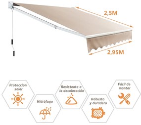 Toldo retrátil 295 x 250 cm com manivela manual para parede Porta Janela Bege