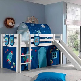 Conjunto Cama alta de Criança PINO 90 x 200 cm + estrado + escada + escorrega + cortina + 3 bolsas + túnel Astronauta branca