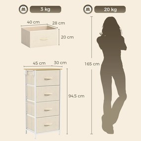 Cómoda de Quarto com 4 Gavetas tecido, 45 x 30 x 94,5 cm, Estrutura em Aço, Bege