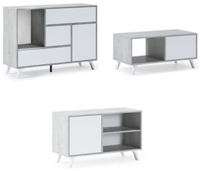 Conjunto de móveis Wind Sala de estar/jantar, Estrutura cor Cimento portas e gavetas Branco - Buffet-Móvel TV100- mesa de café Cimento/Branco