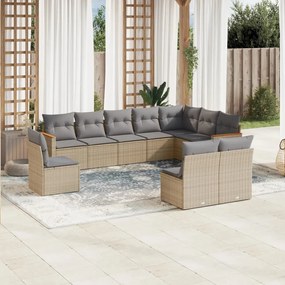10 pcs conj. sofás jardim c/ almofadões vime PE bege misturado