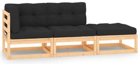 3 pcs conjunto lounge de jardim c/ almofadões pinho maciço