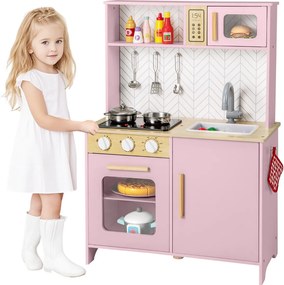 Cozinha de brincar para crianças de madeira 60 x 30 x 85 cm com luzes, sons, micro-ondas, fogão, lava-louças, forno e acessórios Rosa