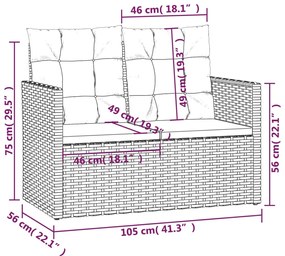 Banco de jardim com almofadões 105 cm vime PE cinzento