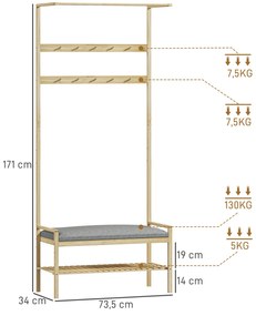 Móvel Cabide de Entrada com Sapateira 10 Ganchos Barra Superior e Compartimento 73,5x34x171 cm Madeira e Cinza