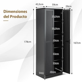 Armario armazenamento multifuncional com 2 portas e 5 estantes ajustáveis 59 x 43,5 x 178 cm Preto