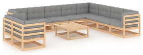 11 pcs conjunto lounge de jardim c/ almofadões pinho maciço