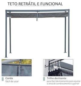 Pérgola 400x300x222 cm Pérgola de Jardim com Teto Retrátil de Poliéster com Revestimento para Celebrações Festas Casamento Cinza