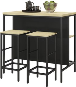 Conjunto de mesa de bar e 2 bancos de estilo industrial com prateleira de arrumação, apoio para os pés, em metal preto e com aspeto de madeira
