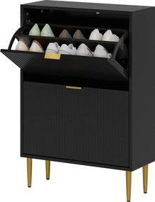 Sapateira 60 x 24 x 91,5 cm com capacidade para 12 pares, com 2 gavetas rebatíveis, portas caneladas e prateleiras ajustáveis, preto