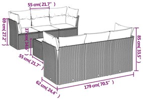 7 pcs conj. sofás jardim com almofadões vime PE cinzento-claro