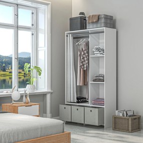 Guarda-roupa com varão para cortinas e 3 gavetas de tecido removíveis, 105 x 48 x 160 cm, branco